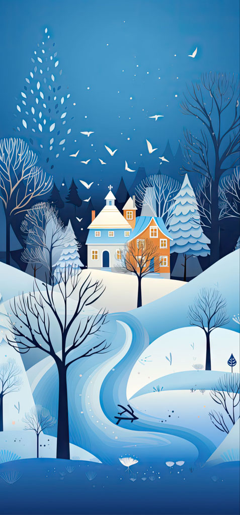 Illustration of a snowy village with houses and bare trees.
