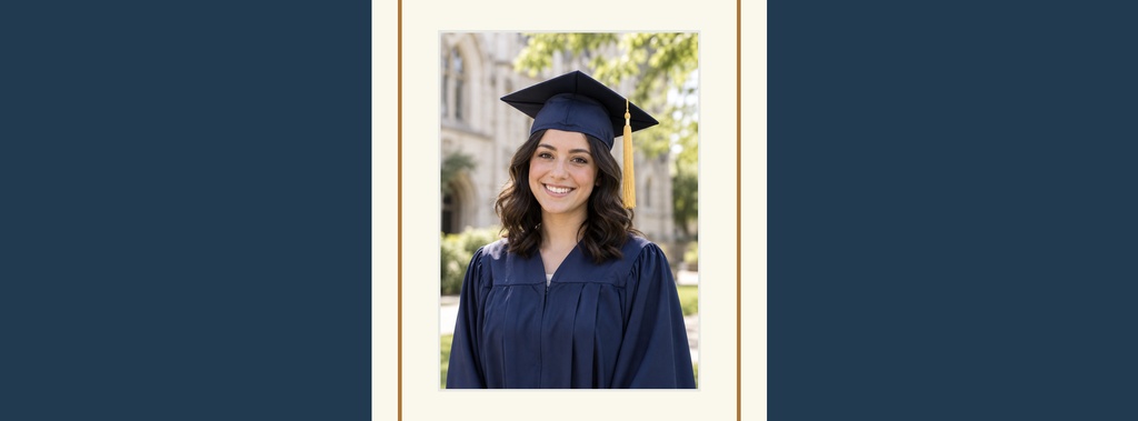Graduation portrait of a smiling student in a cap and gown on a dark blue page cover