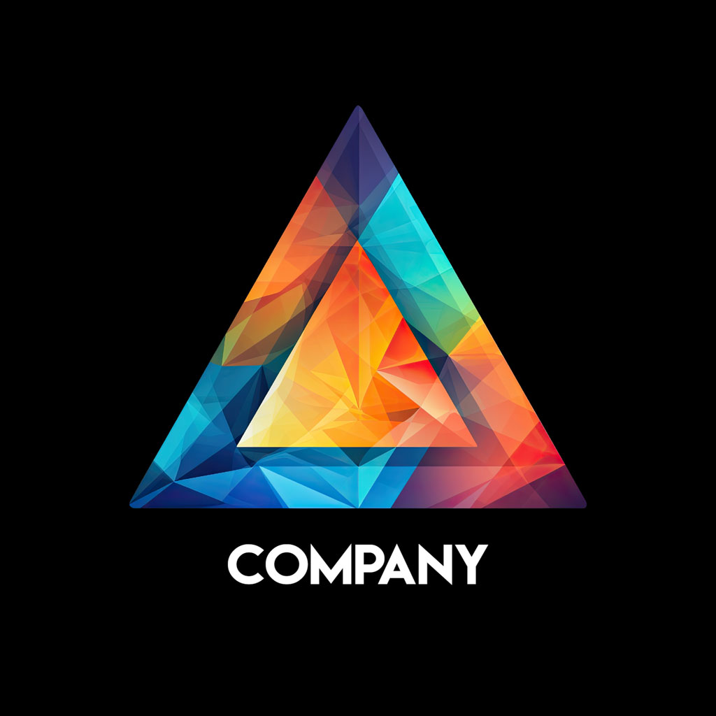 Multicolored geometric triangle logo on a black background