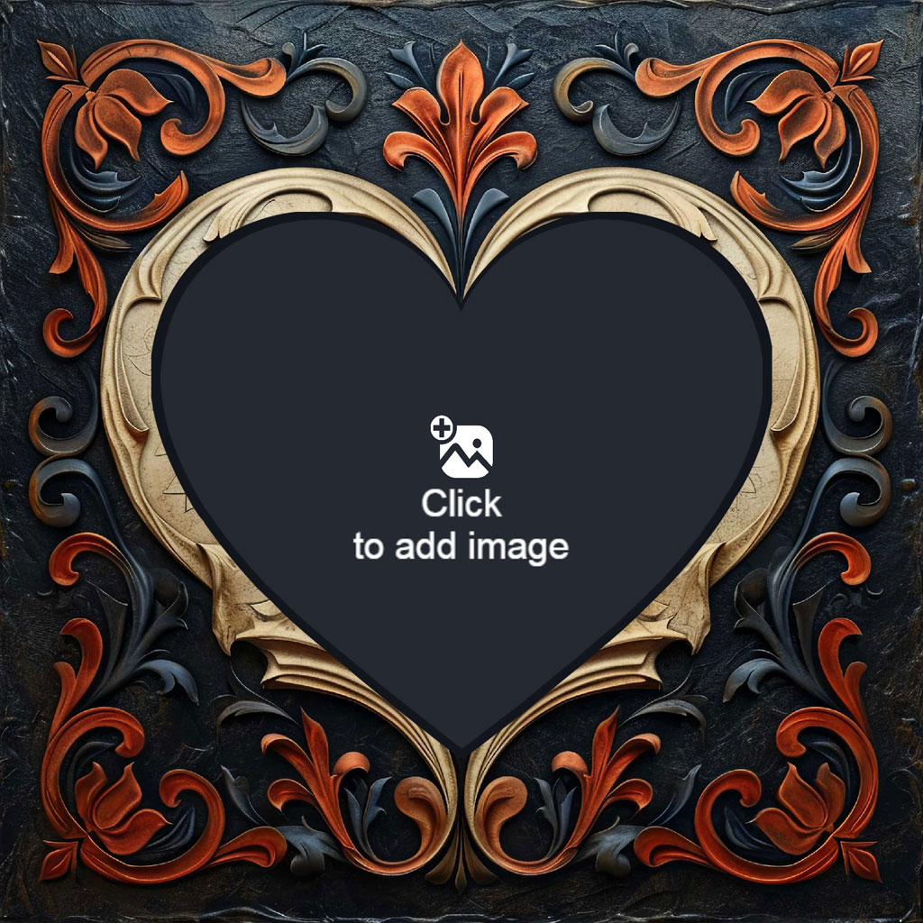 An ornate heart-shaped frame with a gold border and red and black floral designs on a dark background, featuring a small white dice icon.