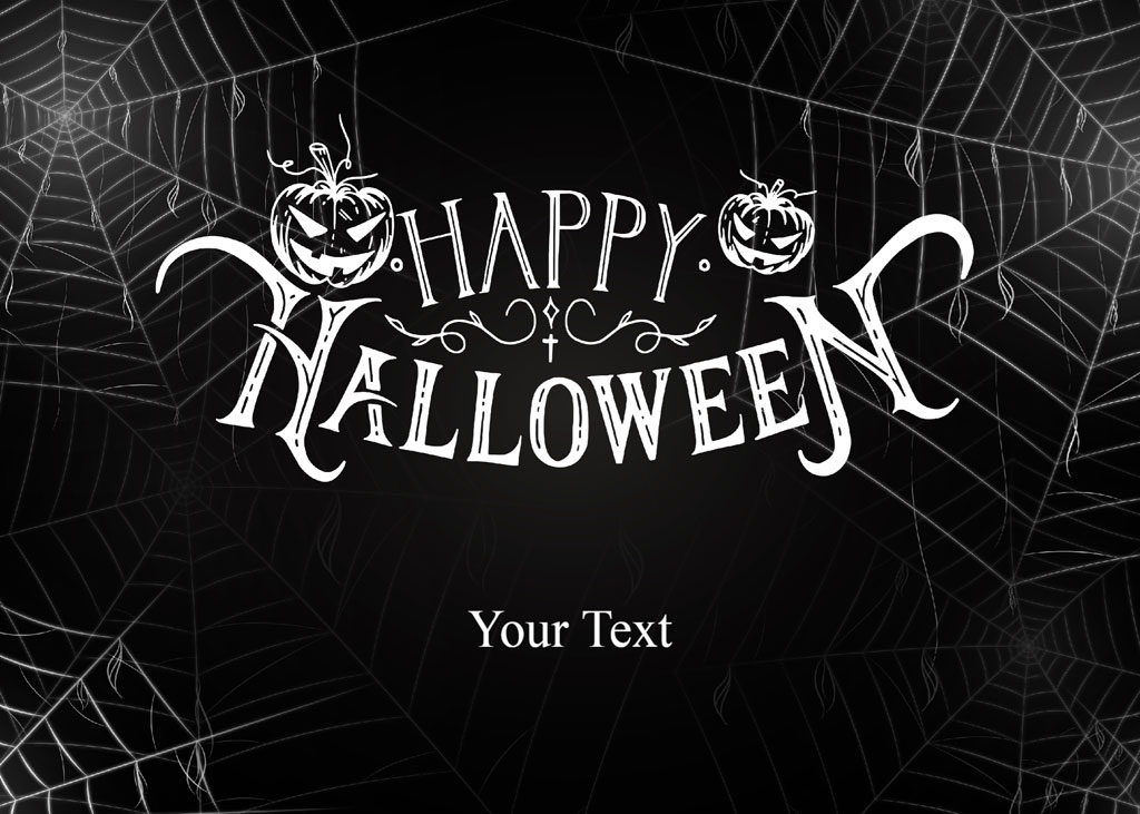 Happy Halloween greeting with jack-o'-lanterns on a black background with spider webs