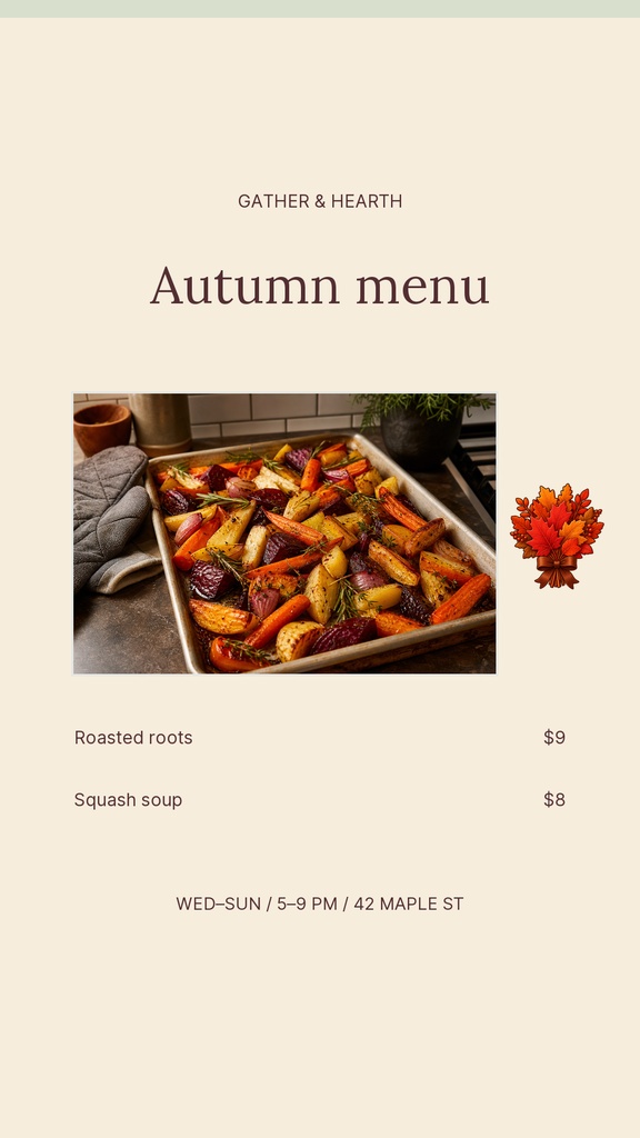 Beige Instagram story menu with autumn title, food photo, dish prices, and leaf graphic.
