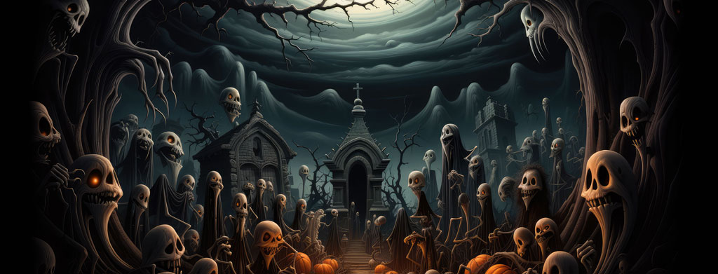 A dark and eerie Halloween scene with skeletons and a haunted house