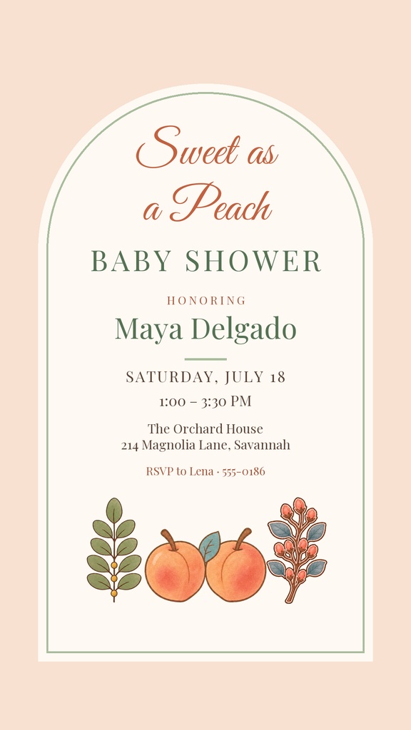 Peach themed baby shower invitation with peaches, flowers, and elegant text on a blush background.