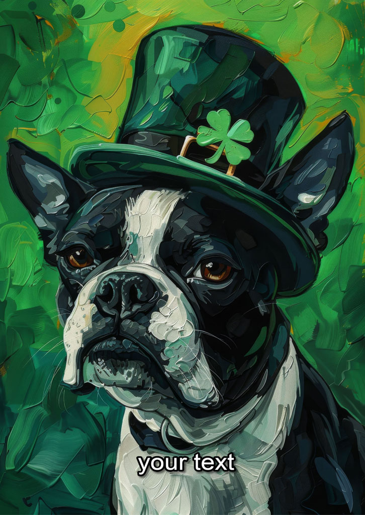 A black and white Boston Terrier dog wearing a green top hat with a shamrock on it