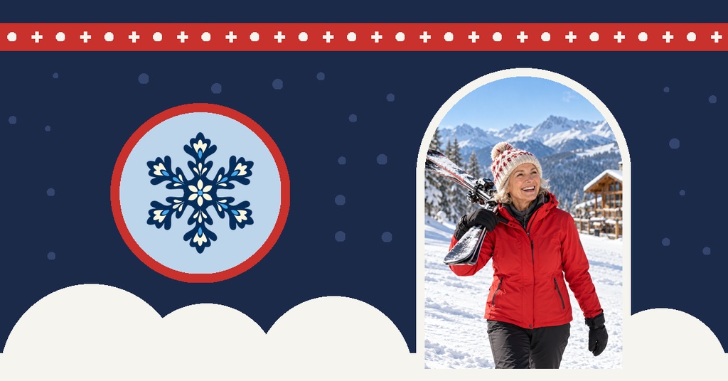 Winter event cover with snowflake icon, snowy mountains, and a woman in ski gear.