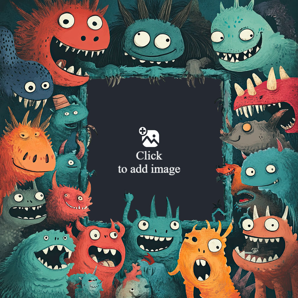 Colorful cartoon monsters with sharp teeth and various expressions surrounding a black frame.