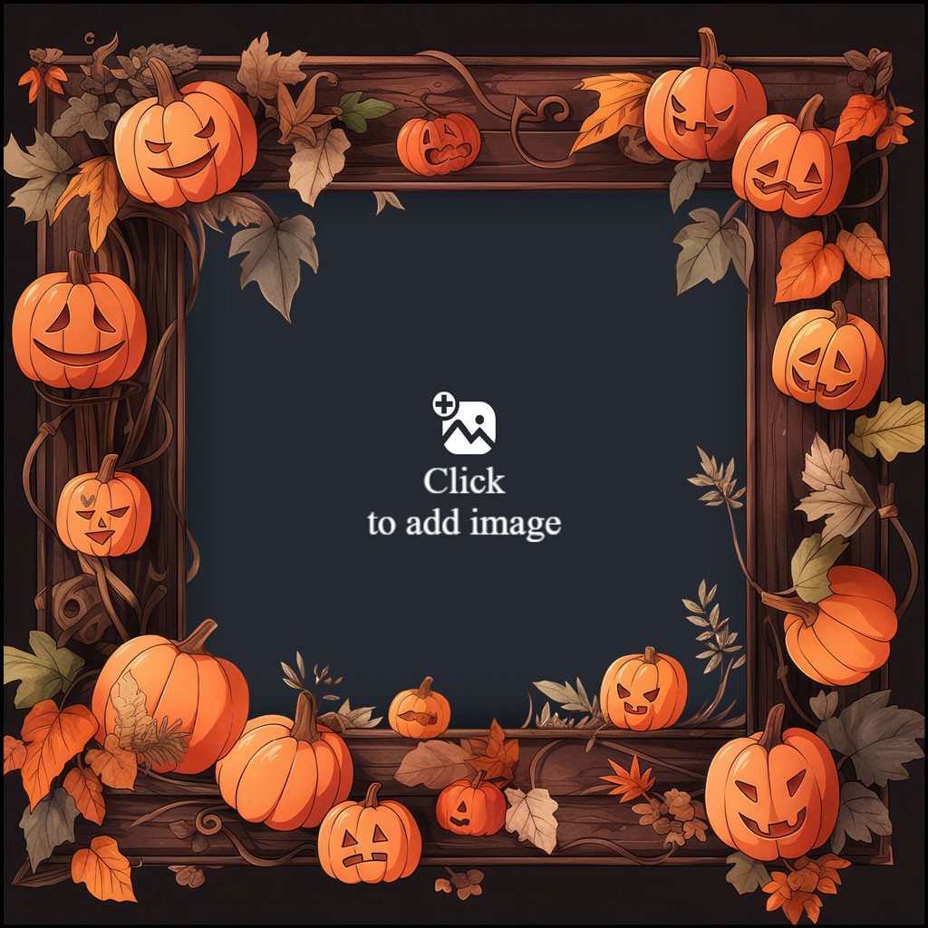 A Halloween-themed frame with carved pumpkins and leaves on a dark background.