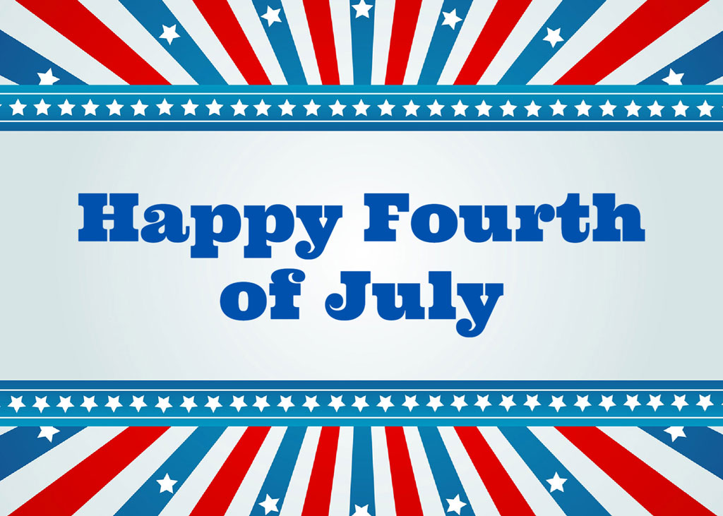 Happy Fourth of July graphic with red, white, and blue stars and stripes