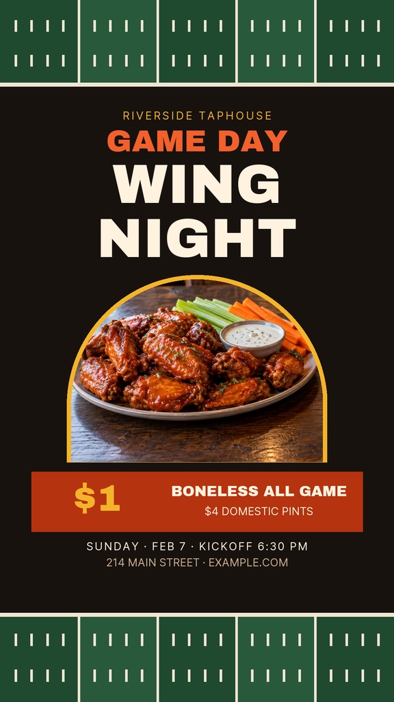 Instagram story design with game day wing night text and a chicken wings photo on a dark background