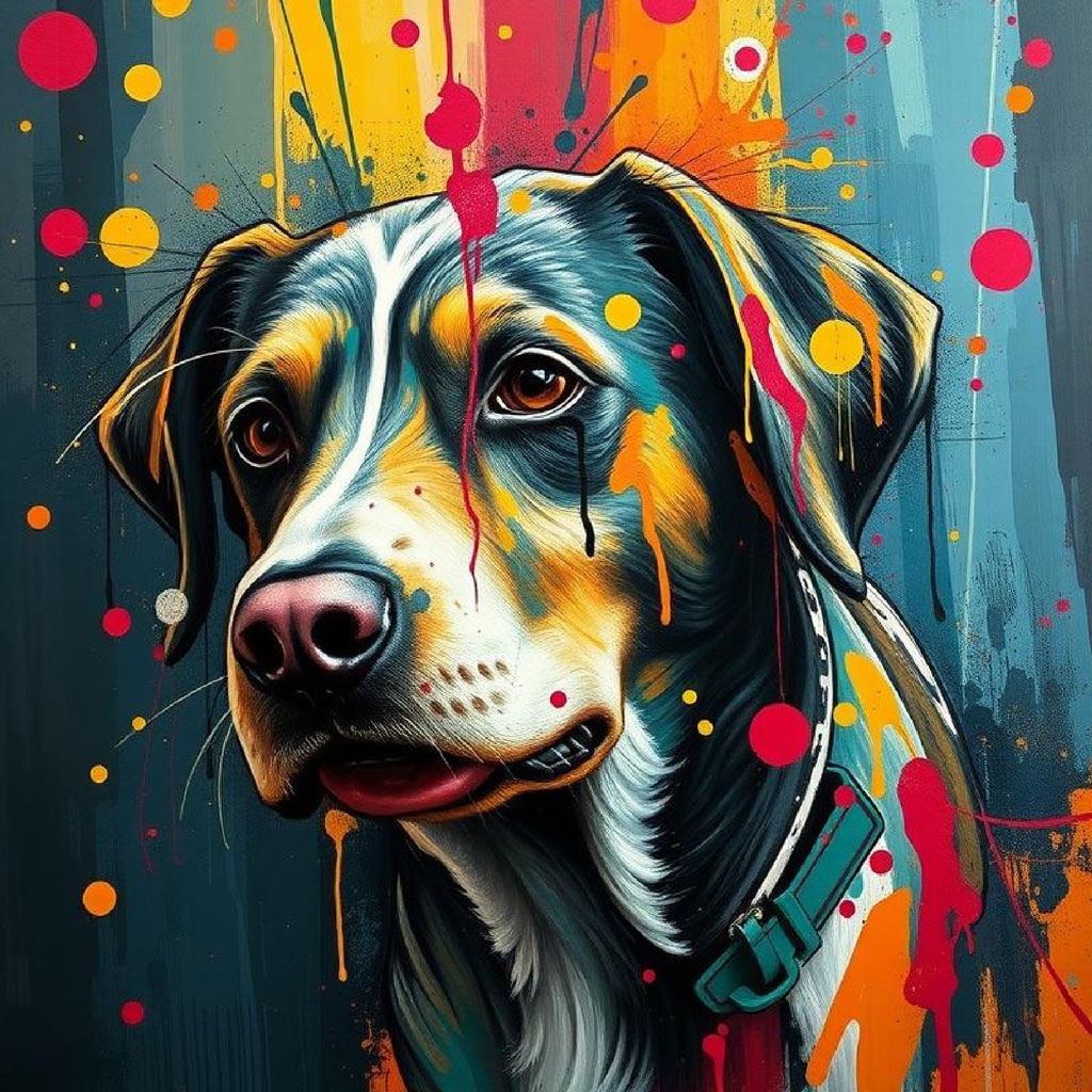 Woman with paint splatters and abstract shapes around her head