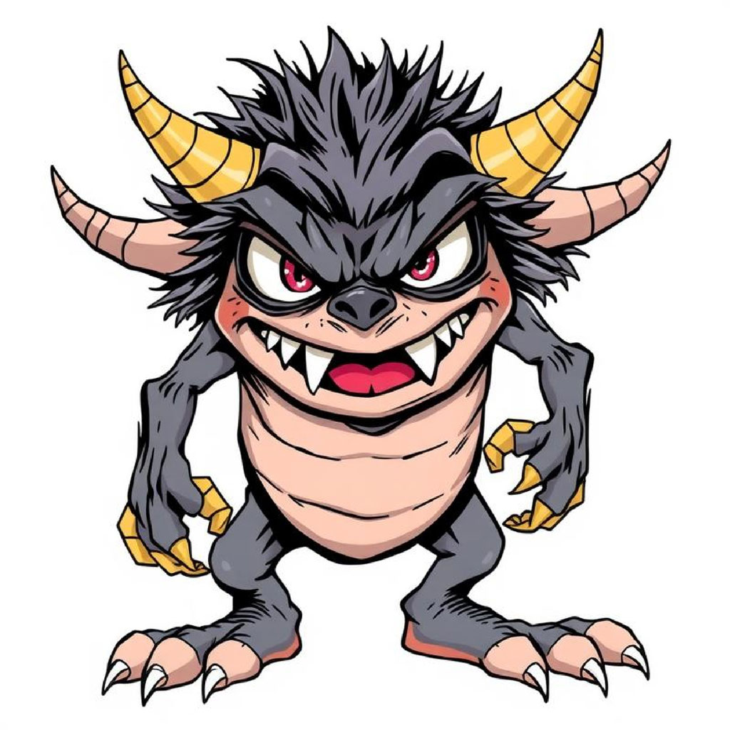 A cartoon monster with sharp teeth and horns