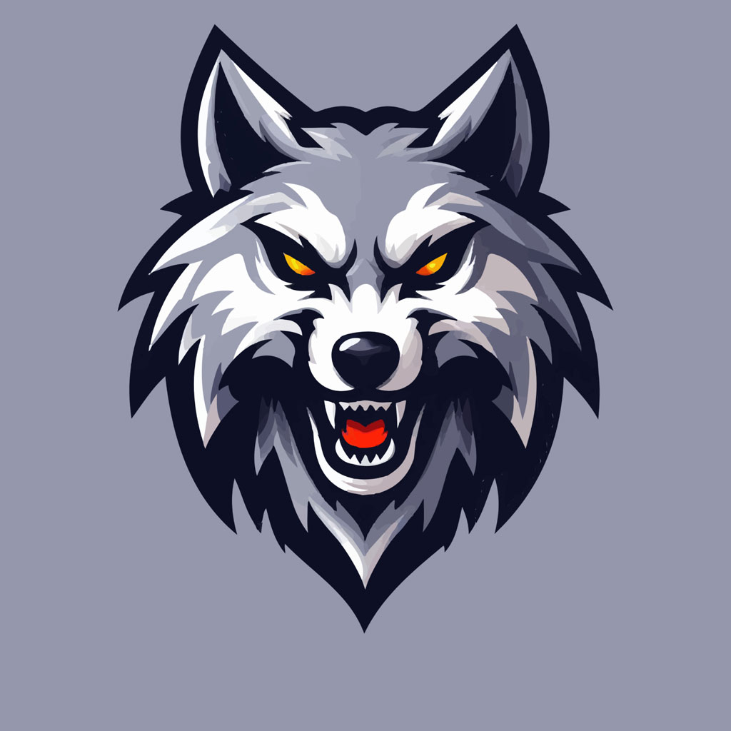 Illustration of a fierce wolf's head with sharp teeth and yellow eyes, symbolizing a strong team.