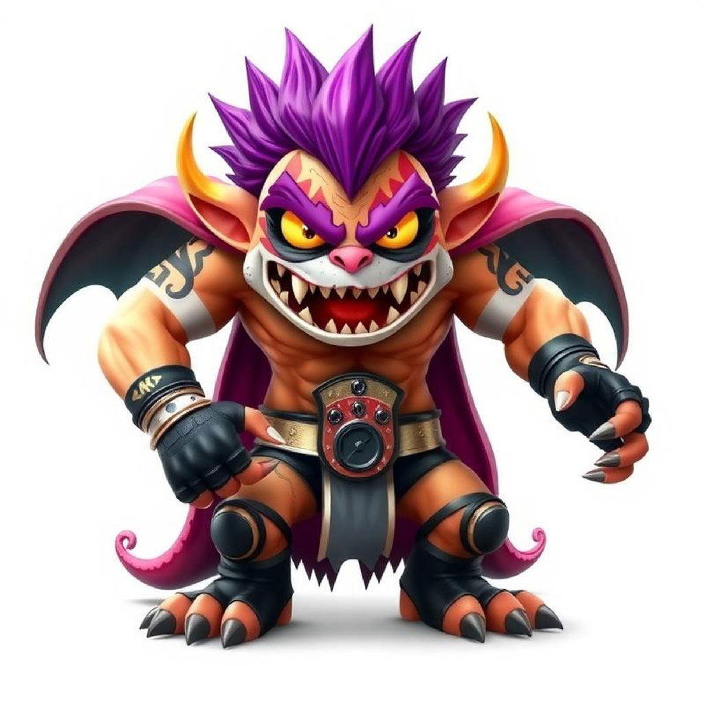 A cartoon monster with purple hair and sharp teeth