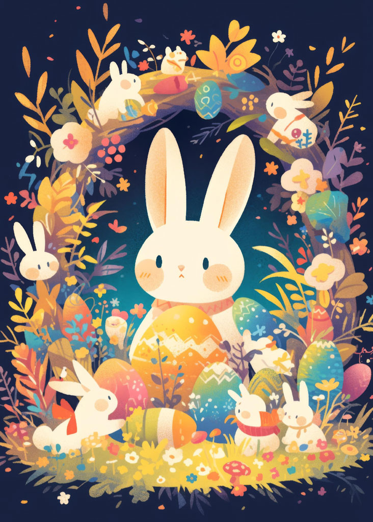 Easter bunny surrounded by smaller bunnies and decorated eggs