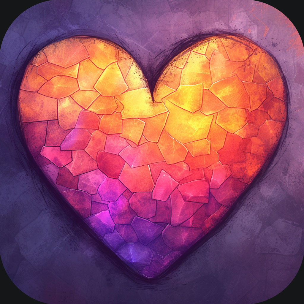 A heart-shaped mosaic artwork with a gradient of orange, yellow, and purple colors.