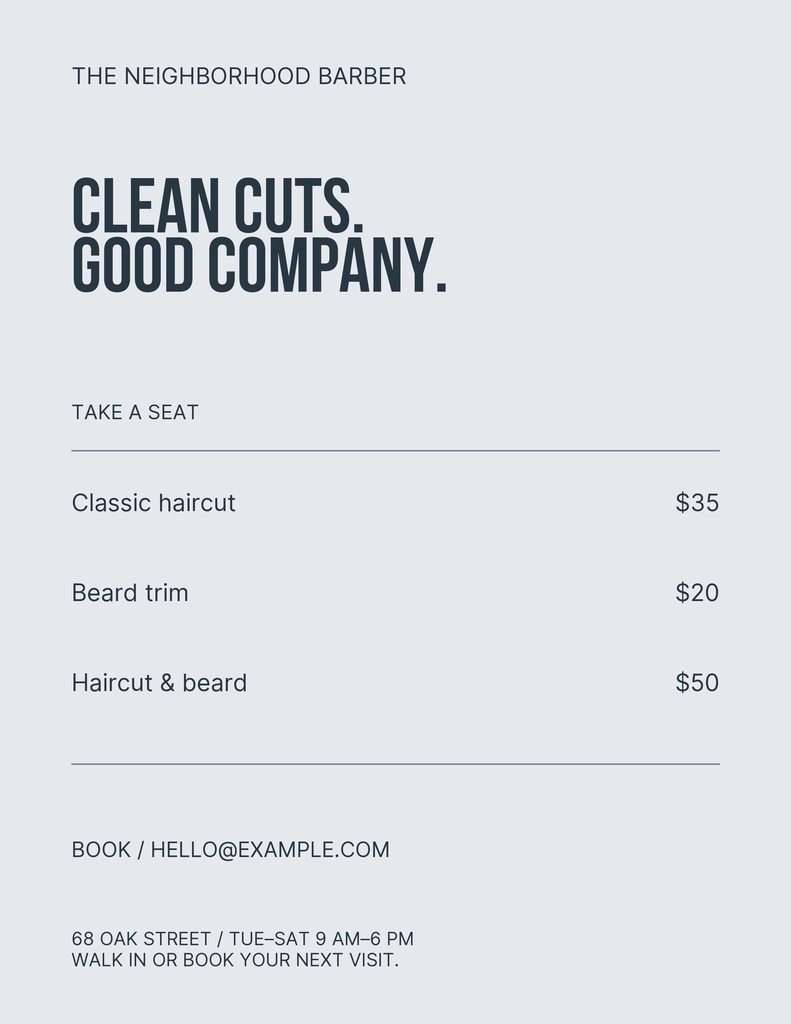 Minimal barber price list layout with haircut services, prices, and booking details.