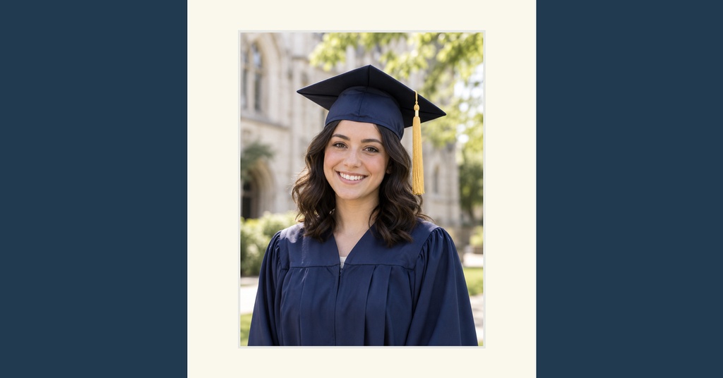 Smiling graduate in a navy cap and gown on a framed cover design with dark blue background.