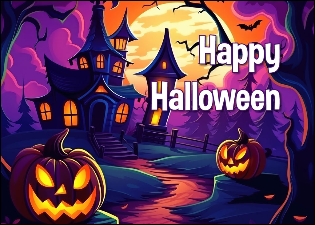 A cartoon Halloween scene with a haunted house and pumpkins.