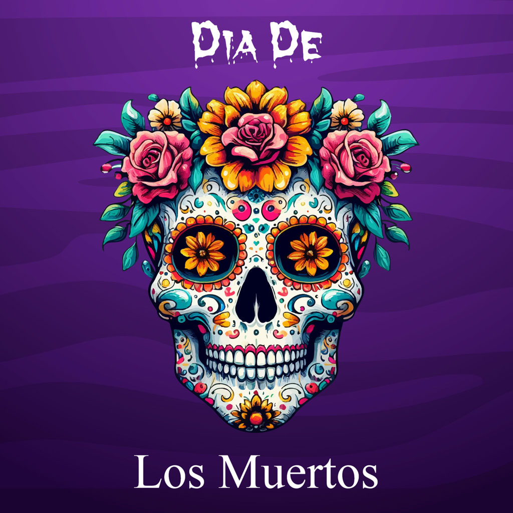 Colorful sugar skull with floral decorations on a purple background