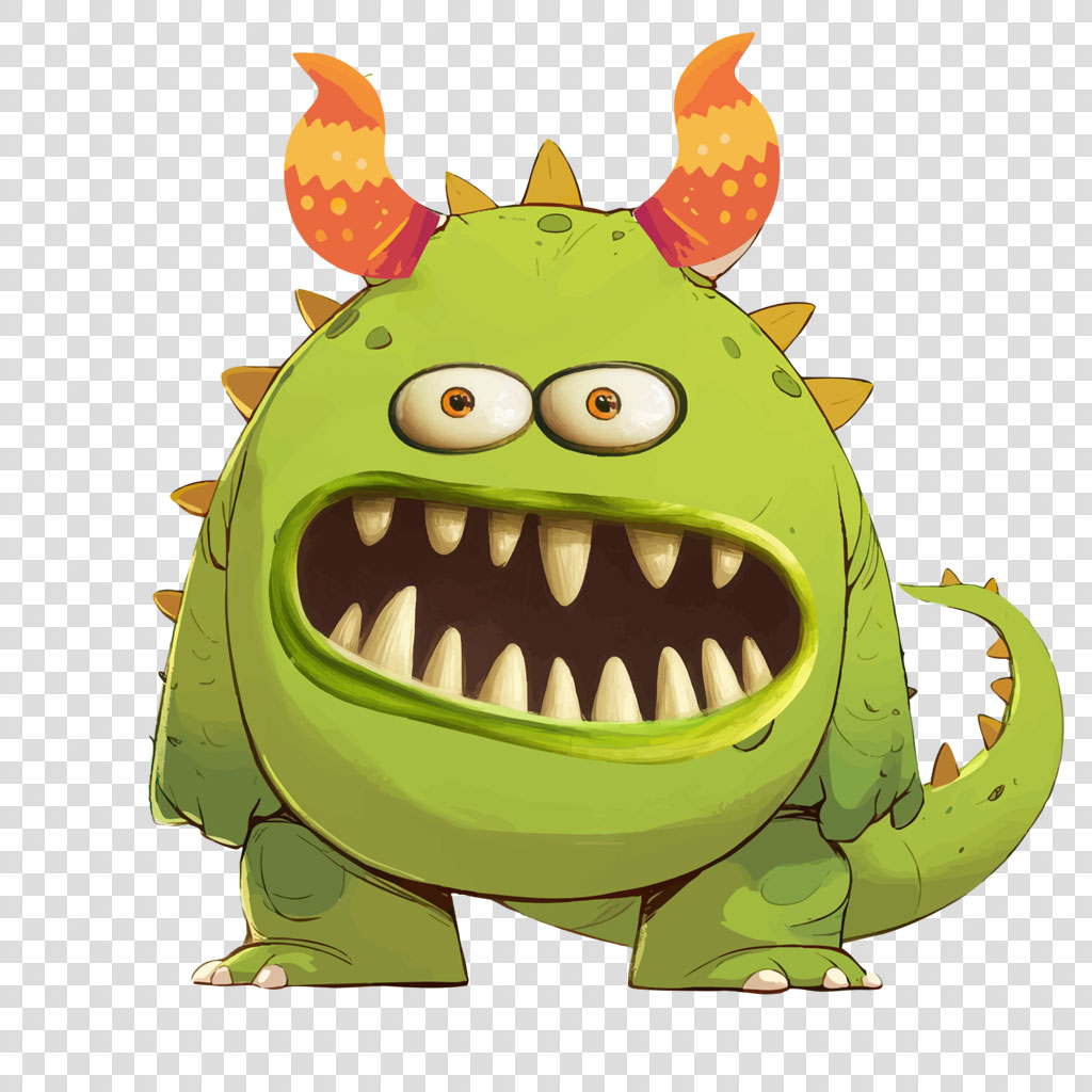 A green cartoon monster with orange horns and sharp teeth
