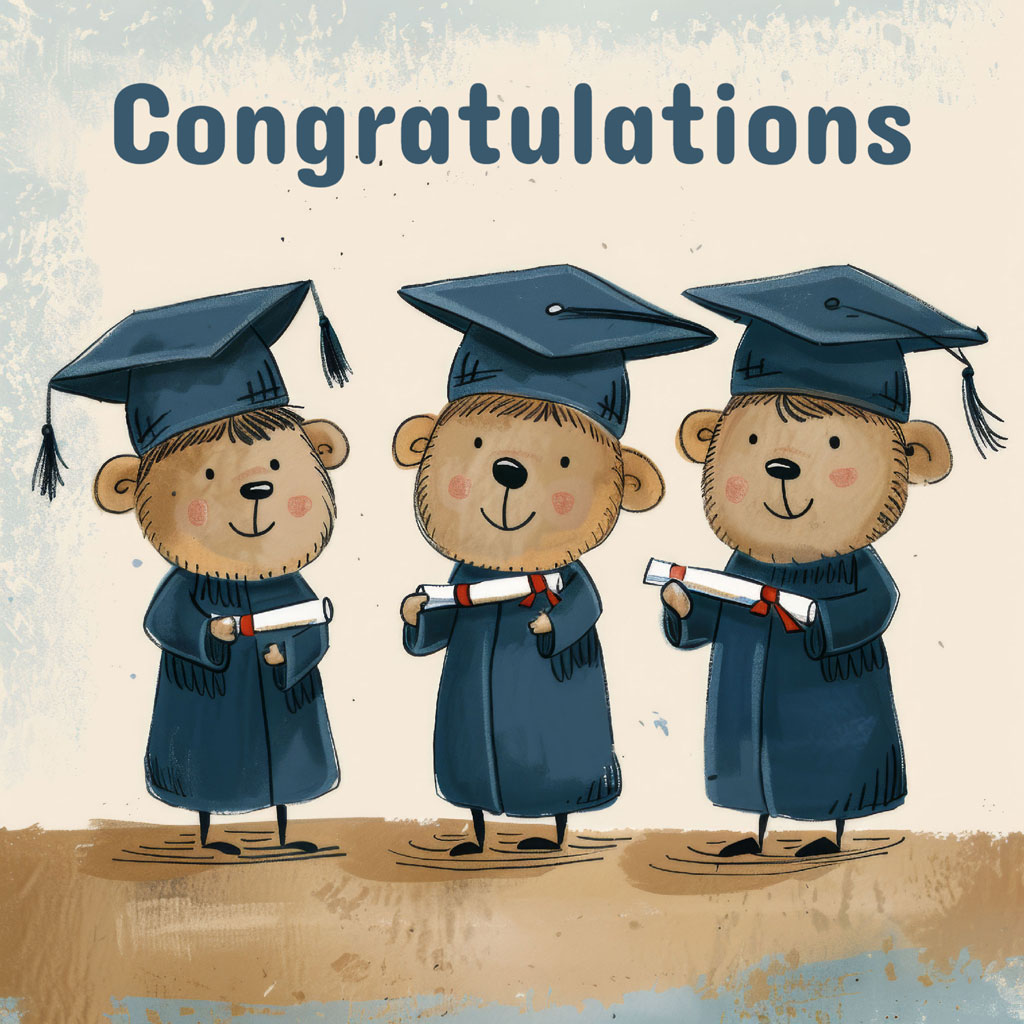 Three cartoon bears in blue graduation gowns and caps holding diplomas