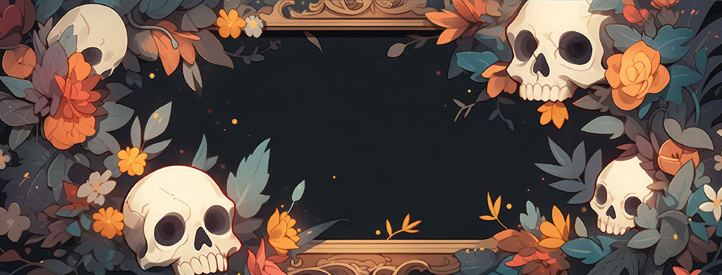 Halloween-themed frame with skulls and flowers