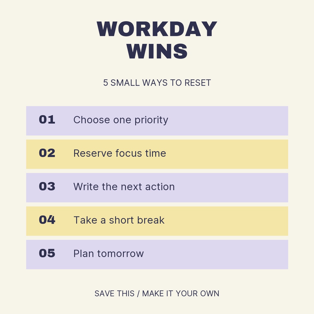 Square checklist design titled Workday Wins with five simple reset steps in pastel bars.