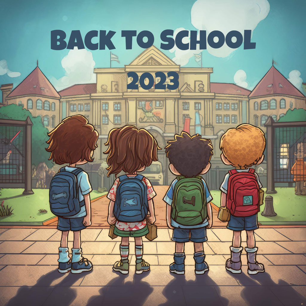 Four children with backpacks standing in front of a school building