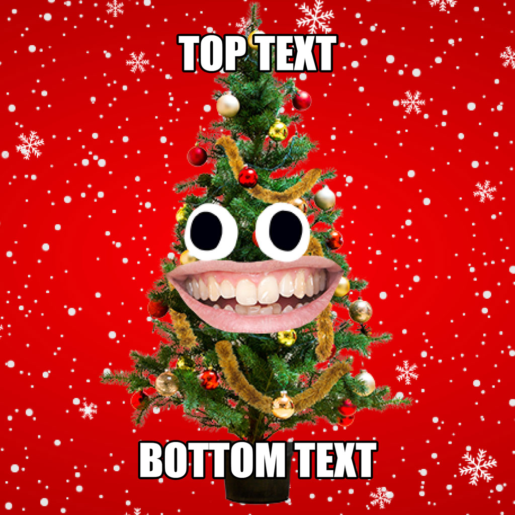 A Christmas tree with a large mouth and eyes against a red background with snowflakes.