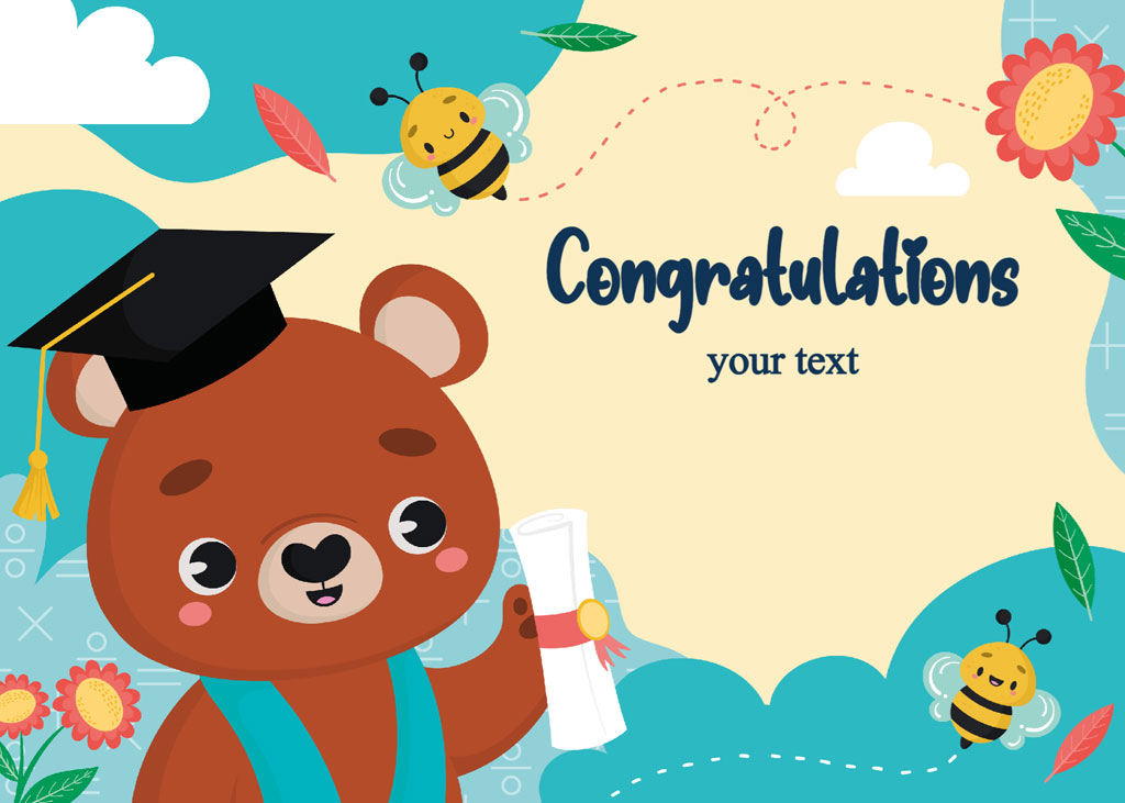 Cartoon bear in graduation cap holding diploma surrounded by bees and flowers