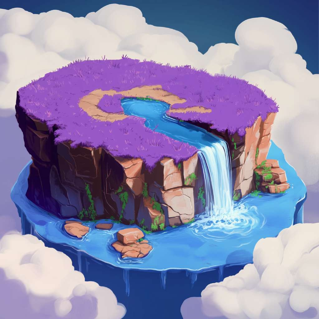 A cartoon-style illustration of a floating island with a waterfall cascading into a pool of water surrounded by clouds.