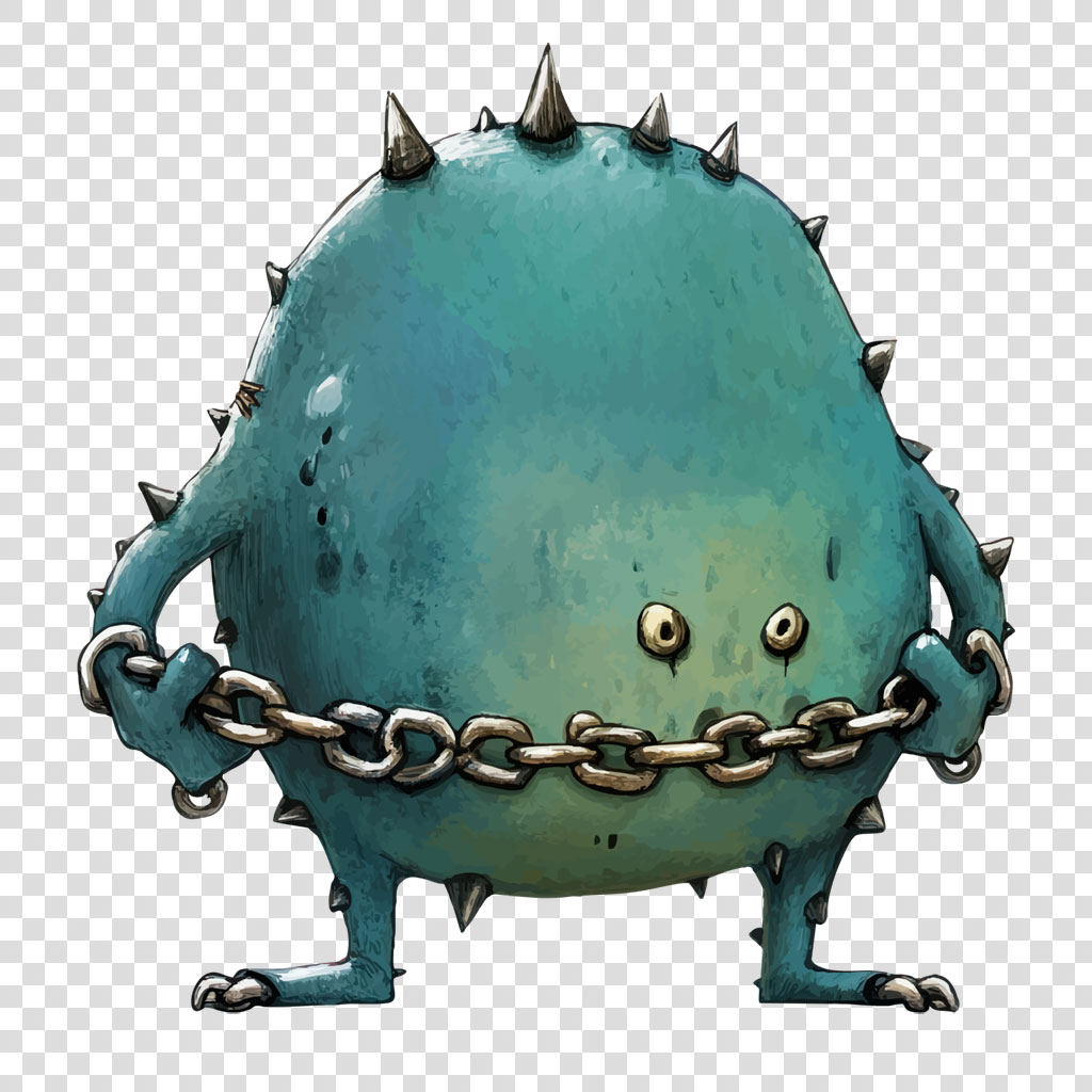 A blue-green cartoon creature with spikes and a chain around its body