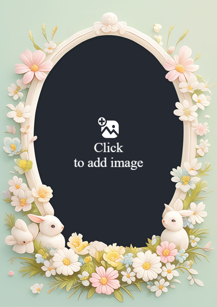 Oval frame with white bunnies and pastel flowers