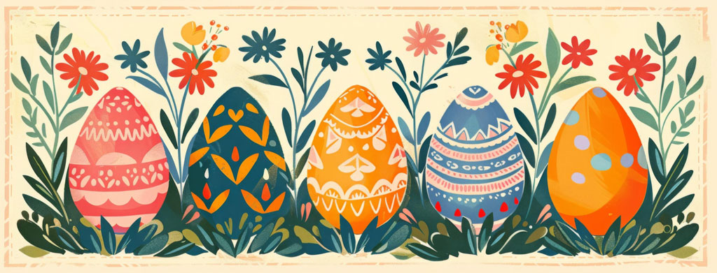 Five decorated Easter eggs in various colors and patterns nestled among flowers and foliage