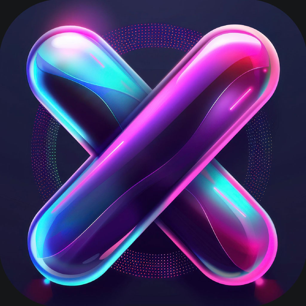 Neon X logo on a dark background with pink and blue colors