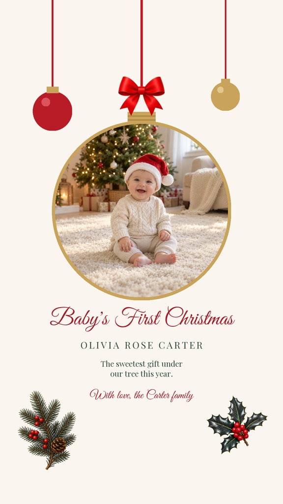 Festive story template with baby photo in a gold circle, hanging ornaments, and holiday greenery accents.
