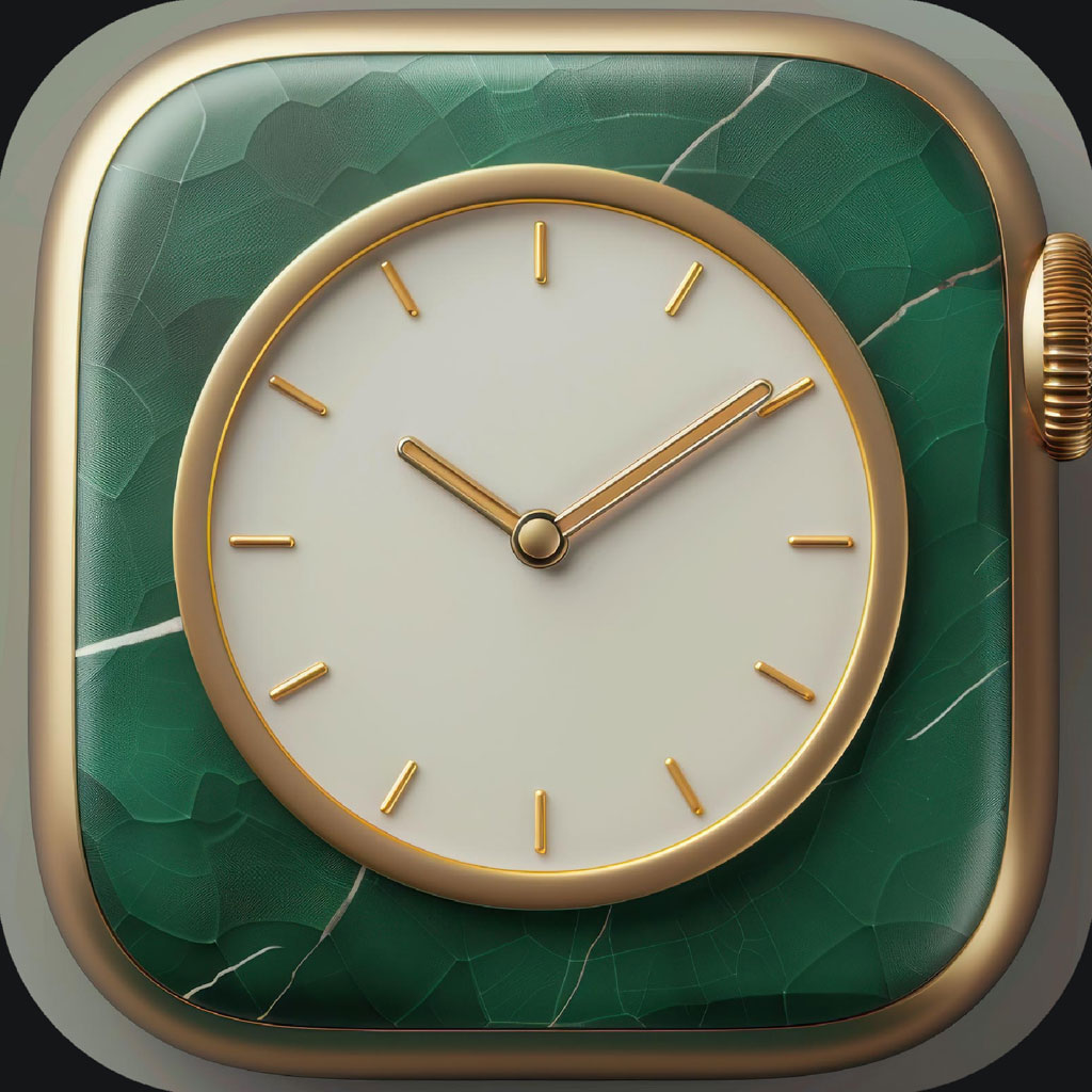A luxury smartwatch with a green marble face and gold trim.