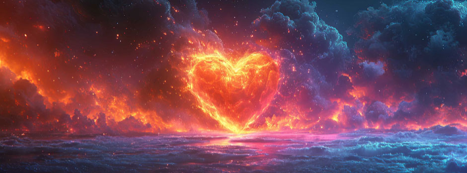 A heart-shaped flame in the sky surrounded by clouds and ocean