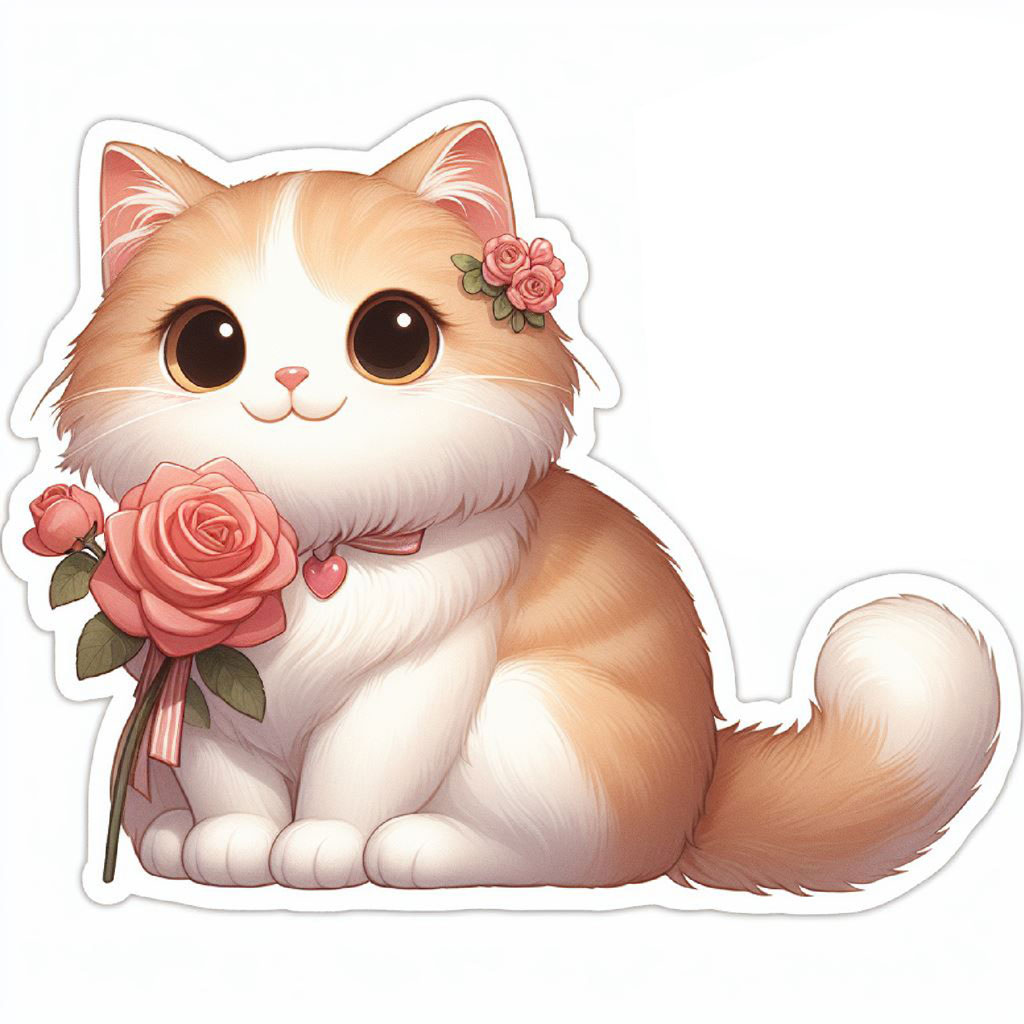 Illustration of a white cat with flowers and hearts