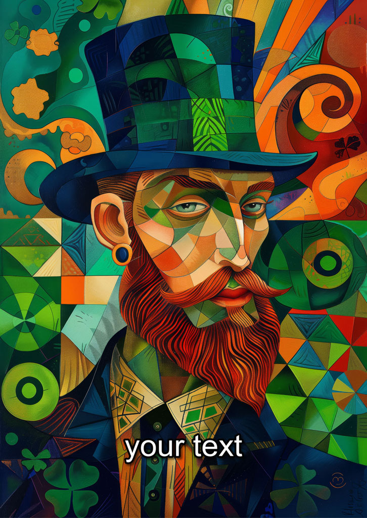 Geometric portrait of a bearded man with a top hat and shamrock patterns