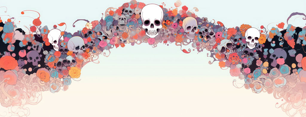 A decorative border of colorful skulls and shapes on a light background.