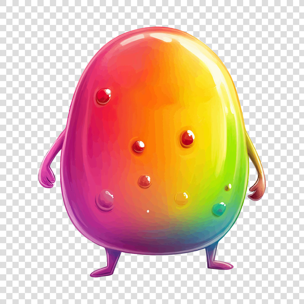 A shiny, rainbow-colored cartoon character with small limbs and bumps on its body.