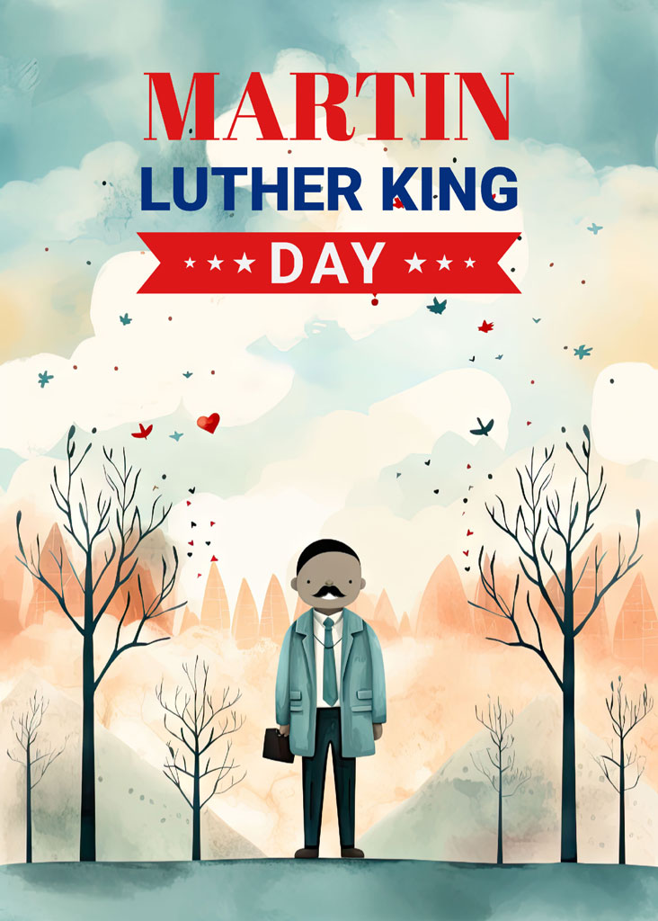 Illustration of Martin Luther King Jr. standing in a serene landscape with trees and birds
