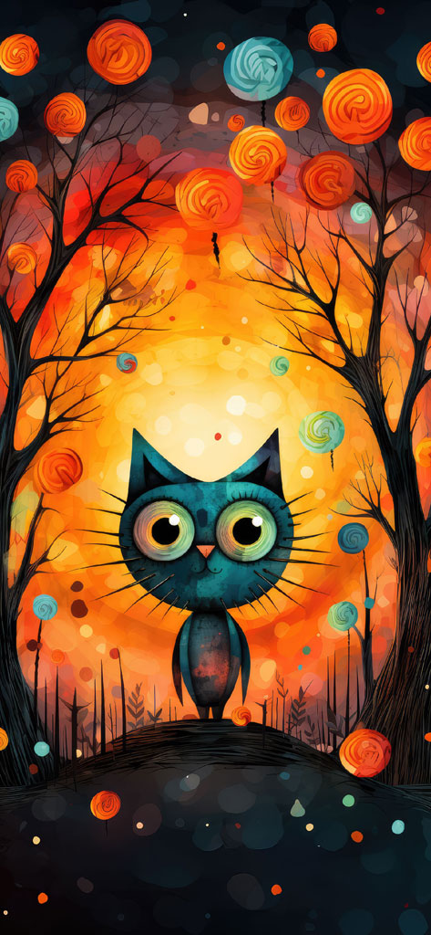A blue cat with large eyes stands between bare trees surrounded by colorful swirling orbs against an orange background.
