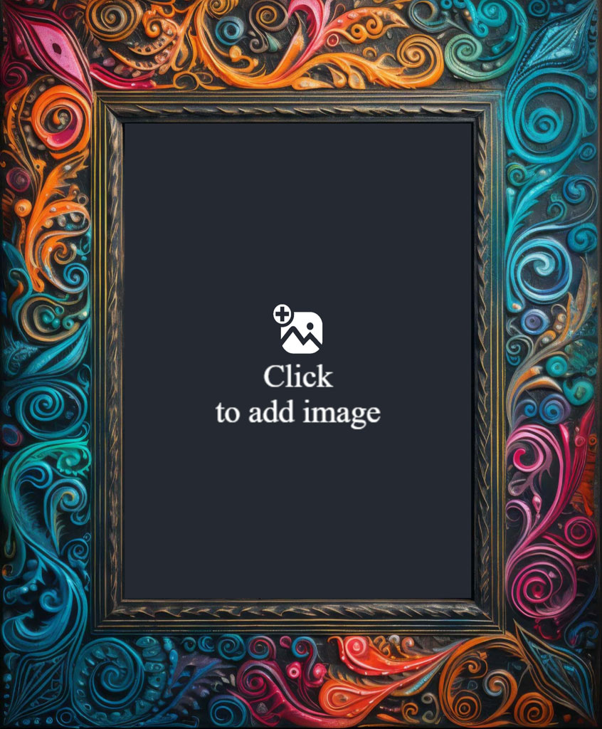 An ornate picture frame with a vibrant, swirling pattern around its border