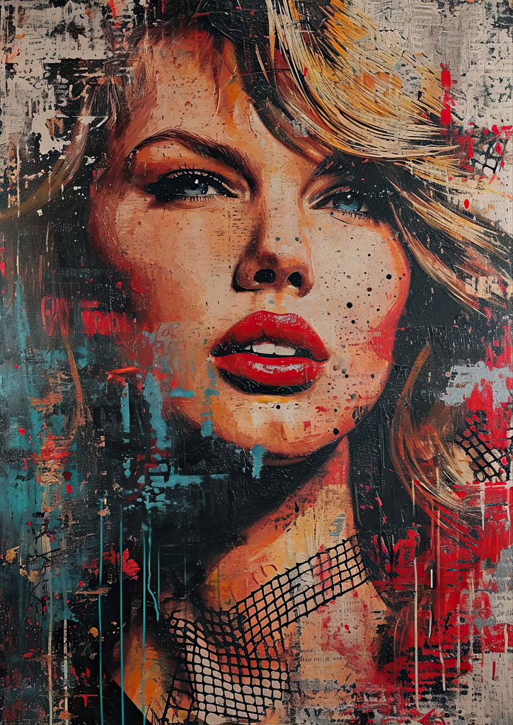 Mixed media portrait of a woman with red lips and blonde hair
