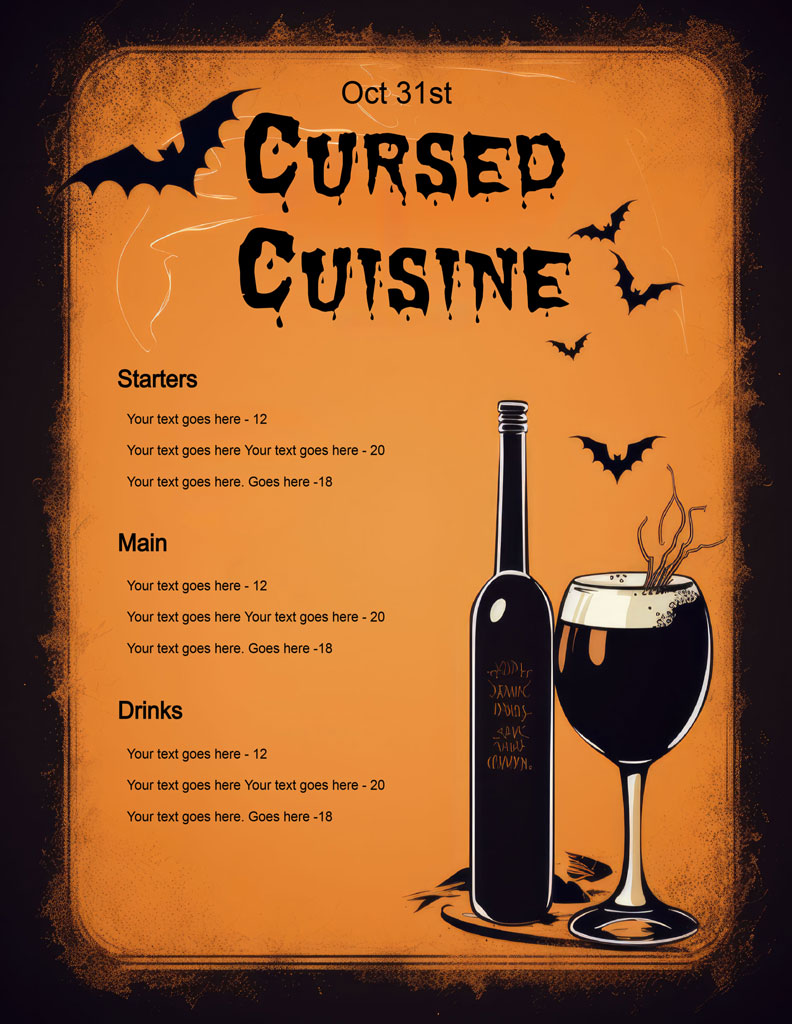 Halloween-themed menu template with bats and dark drinks