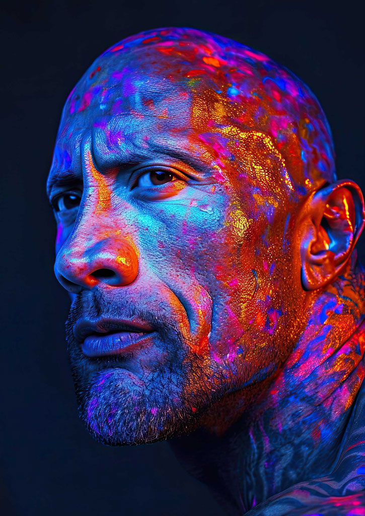A close-up of a man's face and neck with neon paint