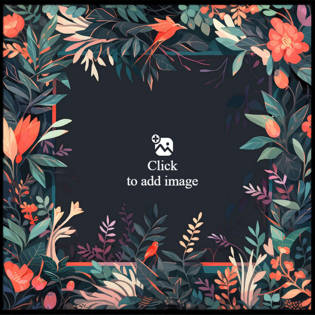 A square floral frame with a black background and colorful flowers and leaves.